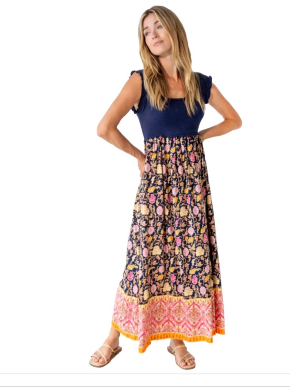 Natural Life Knit Top Maxi Dress L Navy Blue Floral Empire Waist Boho Festival